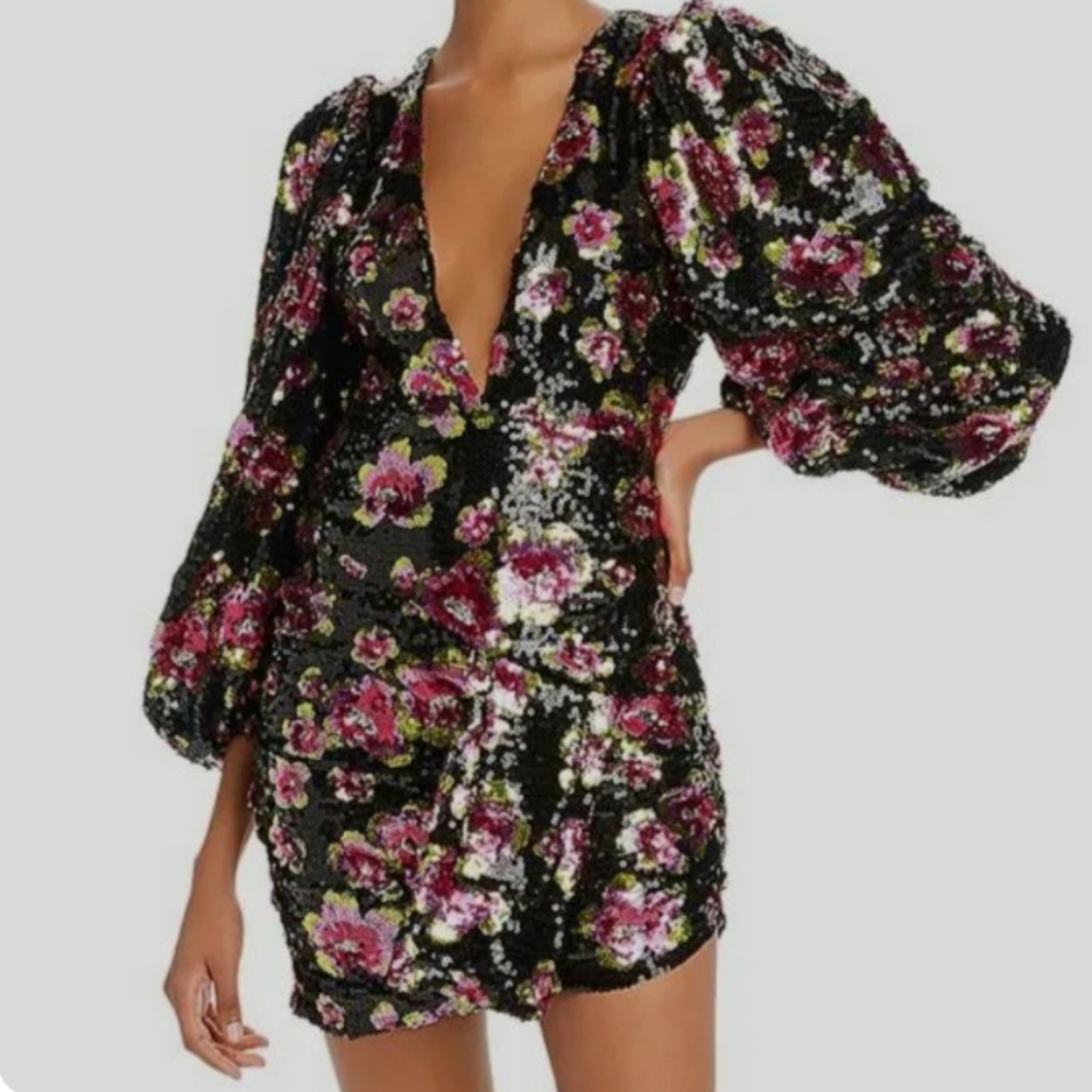 NEW (without price tag) For Love & Lemons black floral sequin mini dress US S